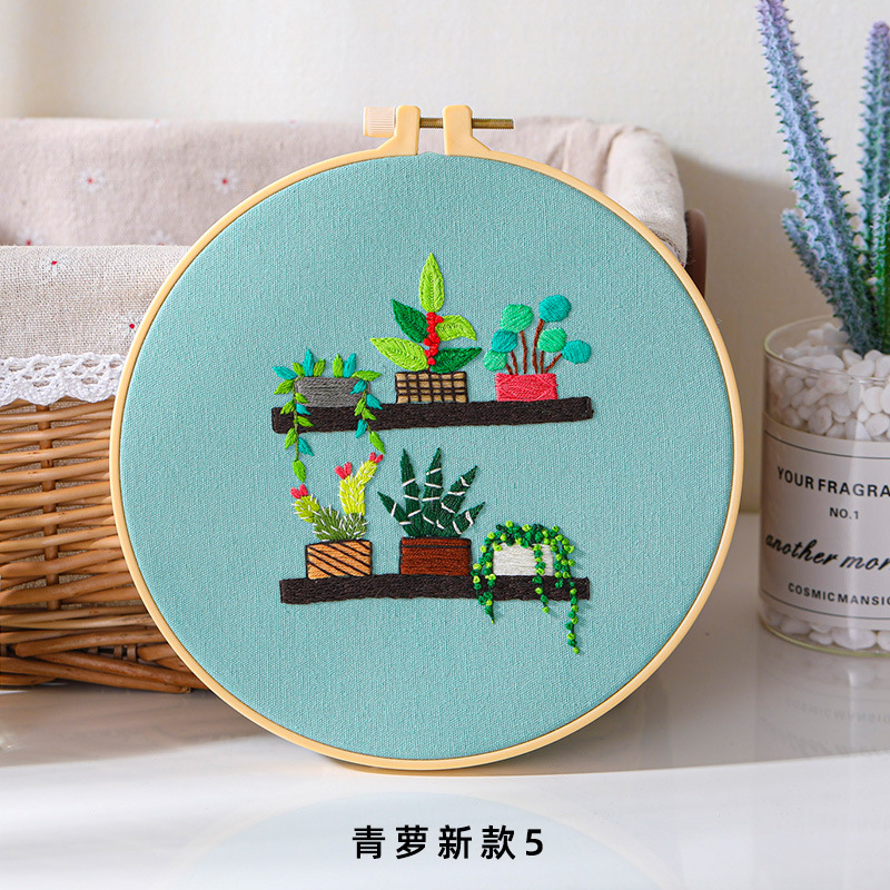 Original DIY bordado hecho a mano paquete de material verde rábano colgante cesta cactus flores y plantas traje costura