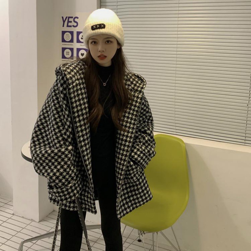 Extra de gran tamaño Chubby Girl 1,00 kg-150,00 kg cardigan houndstooth coat mujeres delgadas oversize sueltas suéter uniforme de béisbol