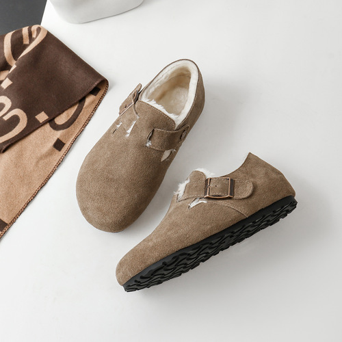 Women's cotton shoes plus fur and thickened genuine leather cow anti-fleece fur shoes  autumn and winter new snow shoes plus velvet Birkenstocks