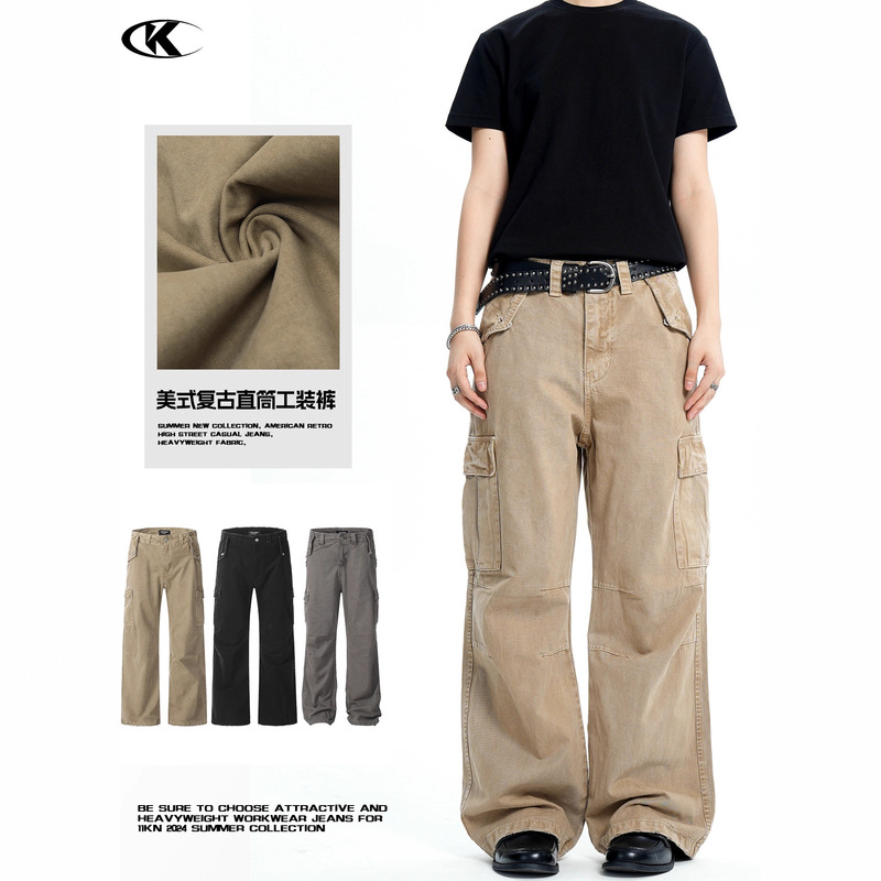 11Kn American Cargo Pants for Men and Women, Destroyed, Washed, Trendy, Retro, Distressed, Slim, Straight, Loose, Wide-Leg Casual Pants