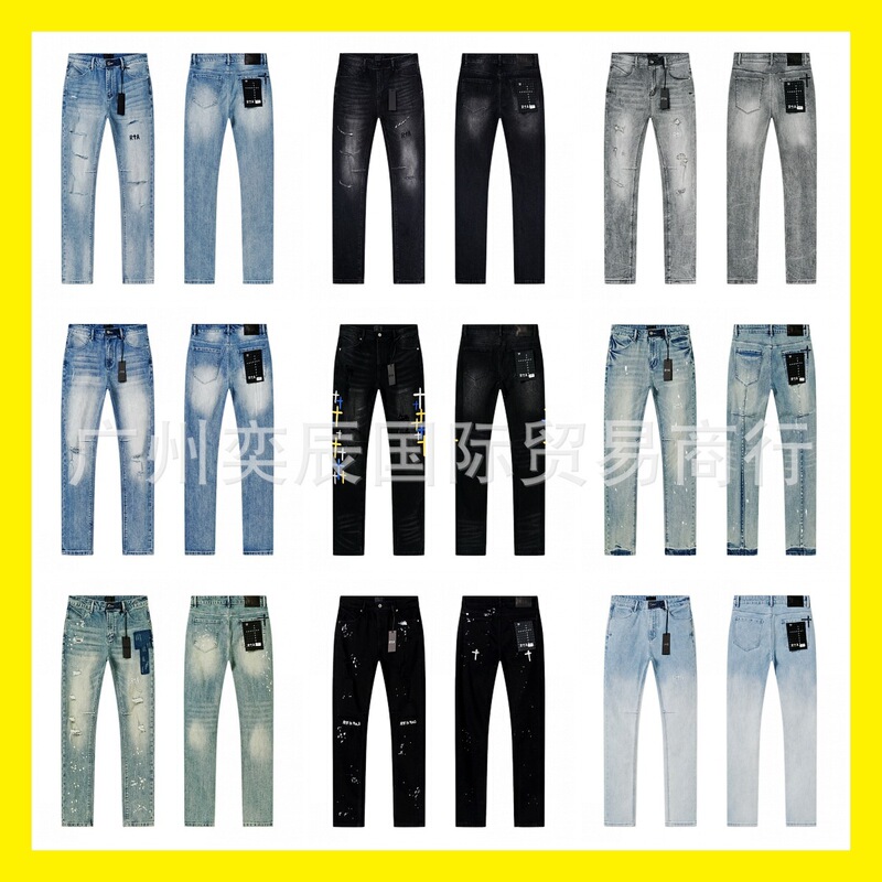 Wholesale American-style trendy brand R+A washed distressed ripped embroidered letter splatter ink straight-leg jeans rta pants Wholesale American-style trendy brand R+A washed distressed ripped embroidered letter splatter ink straight-leg jeans rta pants