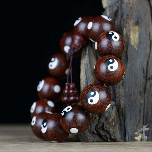 Small Leaf Rosewood High-Density Old Material Blood Rosewood Inlaid Tai Chi Male and Female Beads, Taoist Taoist Rosary