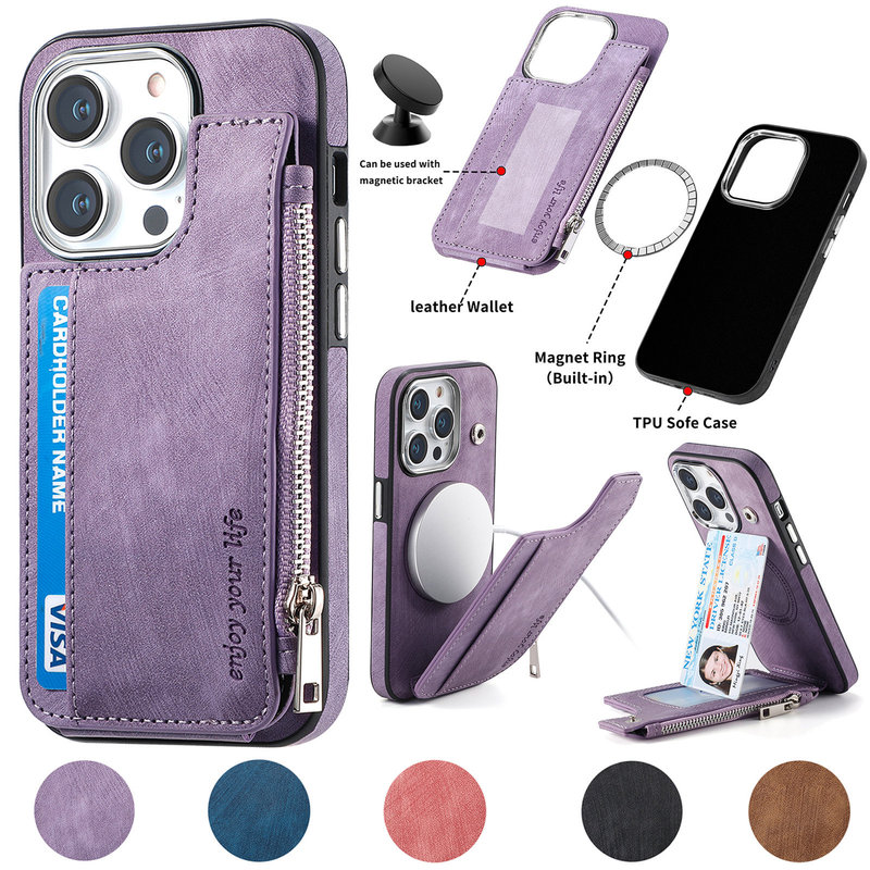 Cross-Border New Product Suitable for Iphone14Pro Mobile Phone Case Magsafe Wireless Charging Zipper Apple Mobile Phone Leather Case