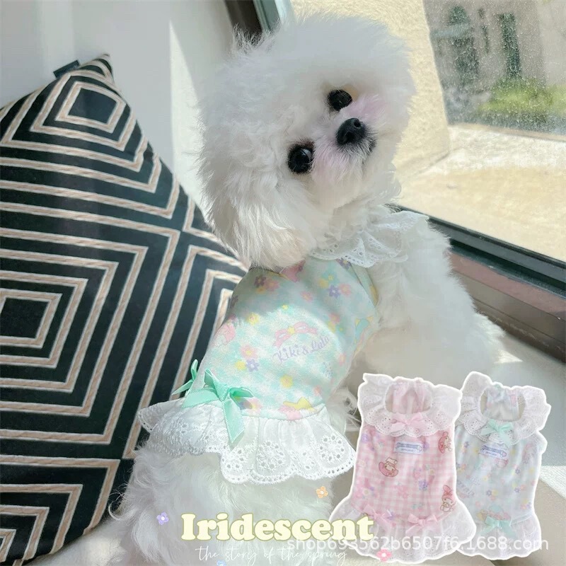 Pet Cat and Dog Teddy Pomeranian Bichon Clothes Spring and Summer Home Clothes Lace Plaid Thin Bow Princess Dress Pet Cat and Dog Teddy Pomeranian Bichon Clothes Spring and Summer Home Clothes Lace Plaid Thin Bow Princess Dress