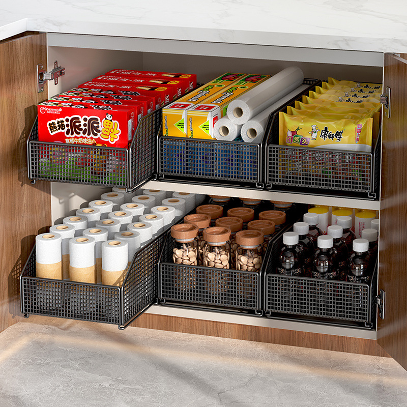 Instant Noodle Storage Rack in Kitchen Cabinet, Drawer-Type Pull-Out Dish Storage Rack, Large-Capacity Plastic Wrap Spatula Holder