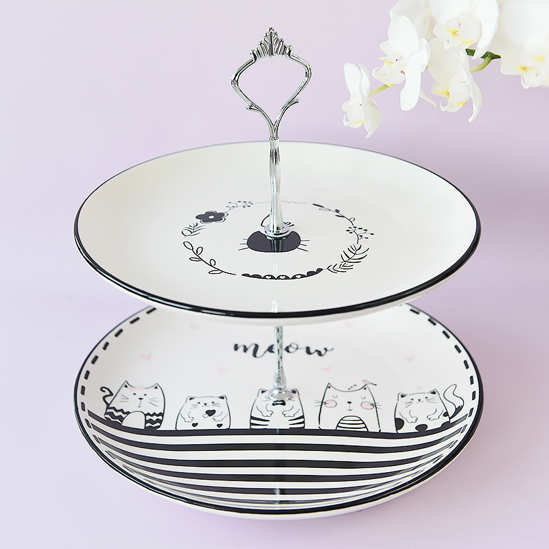 Placa de pastel de doble capa lindo gato de dibujos animados blanco y negro plato de postre diario gran mesa de comedor bola decoración social image 2
