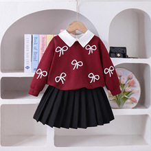 亚马逊欧美秋季新款女童套装  华夫格假两件上衣配百褶短裙两件套