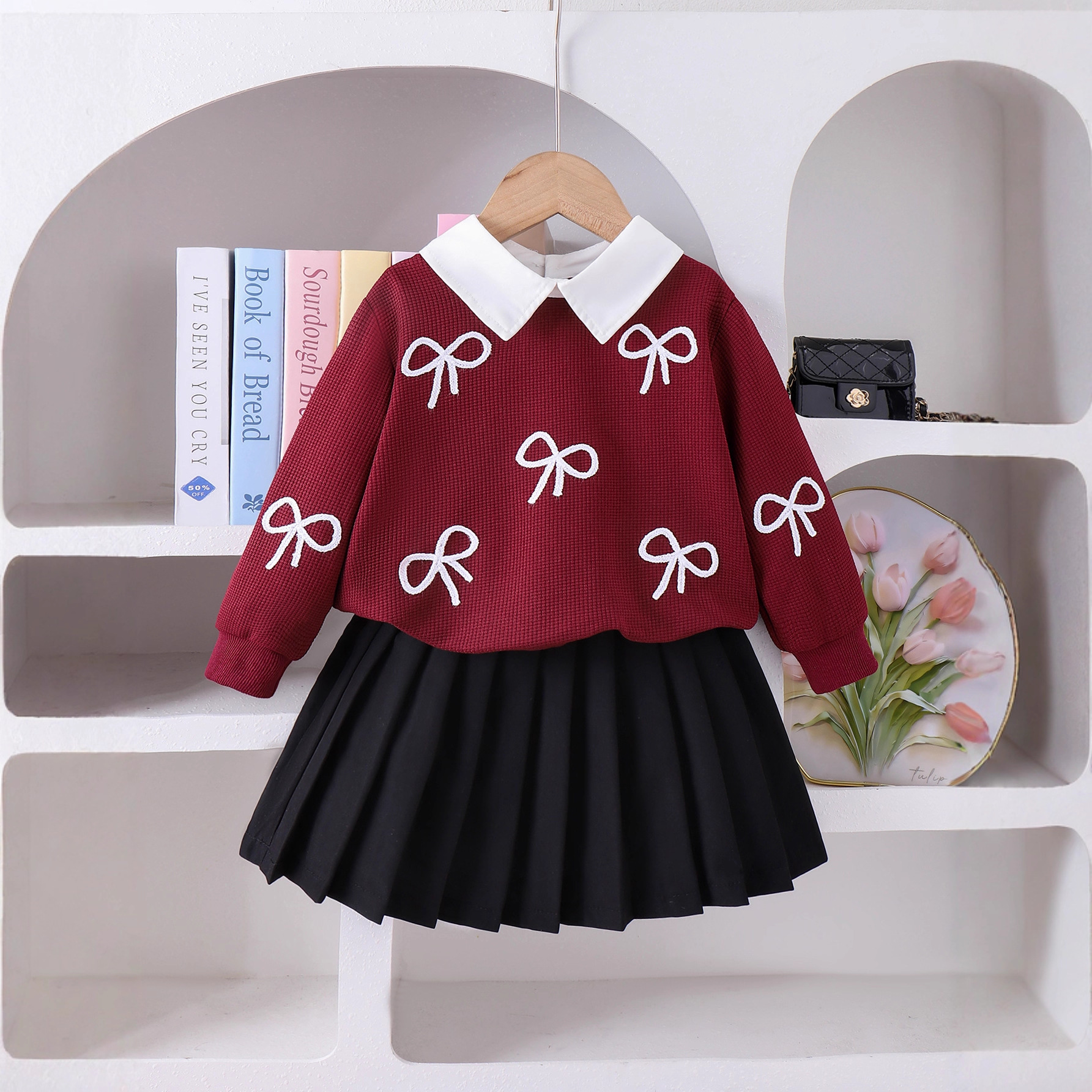 亚马逊欧美秋季新款女童套装  华夫格假两件上衣配百褶短裙两件套