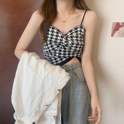 Vest women's spring and summer French style inner wear chic houndstooth small suspenders pure desire short sweet hot girl sleeveless top wear outside
