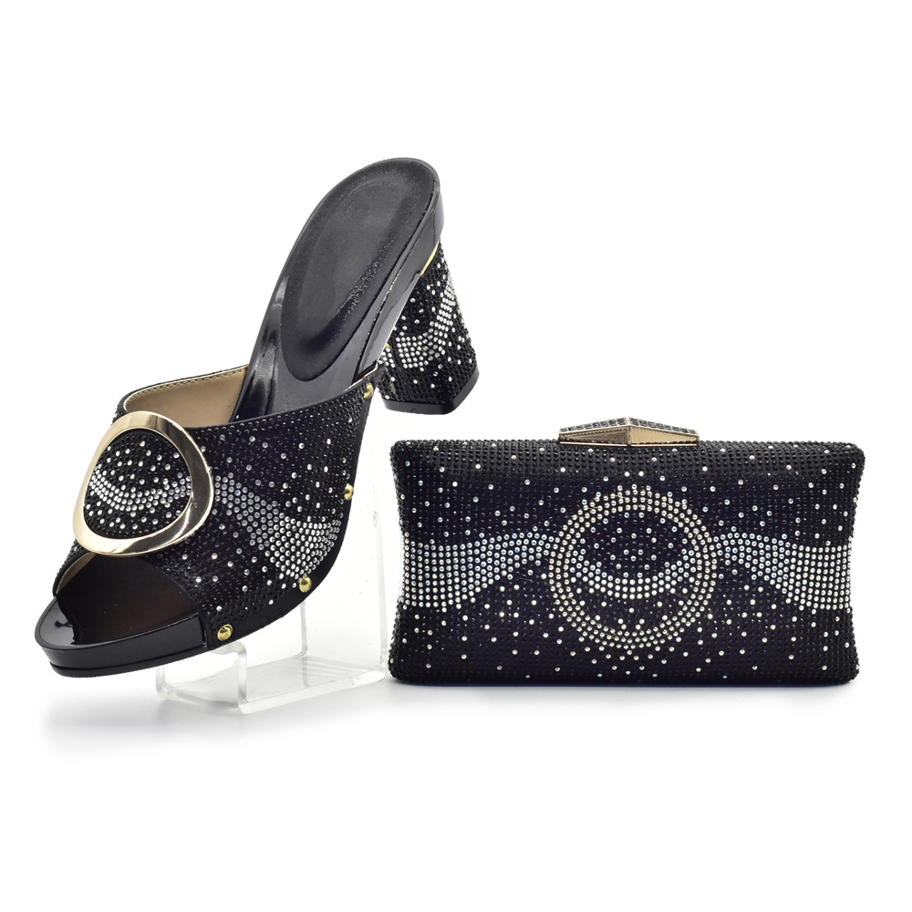Hot drill high heels thick heels casual shoes with hand bag hand bag to wear European and American fashion shoes bag set_voghion.com