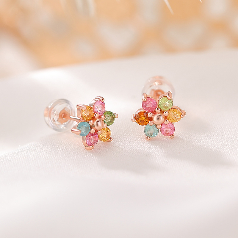 Bông tai bạc S925 mạ vàng hồng đính tourmaline hình hoa nhiều màu — Một cặp (màu sắc tourmaline là ngẫu nhiên)