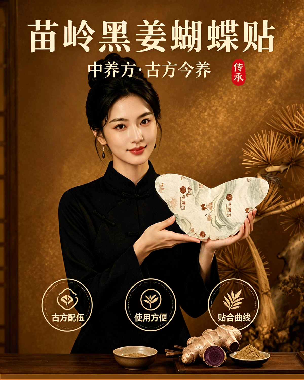 Black Ginger Butterfly Patch Mugwort Moxibustion Sticker for Waist and Belly Warm Care overview