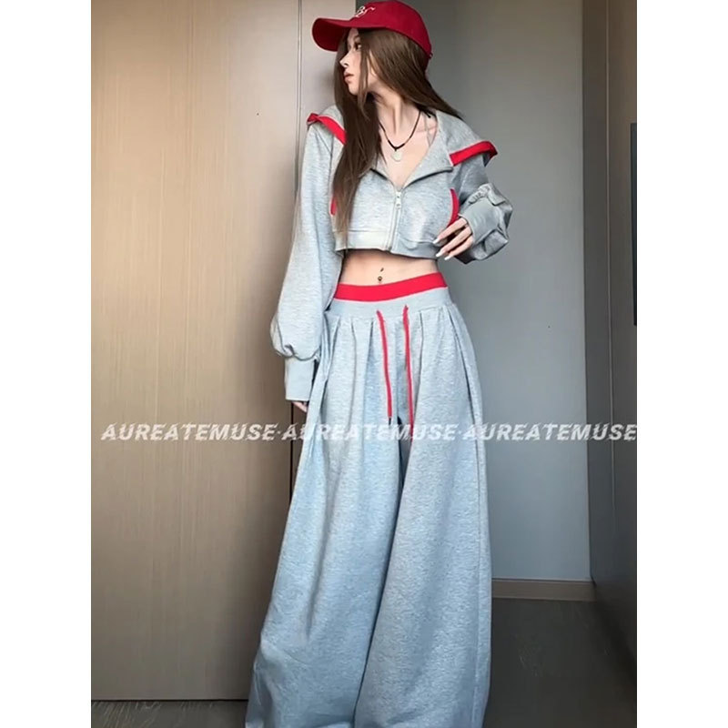 美式辣妹风高级卫衣连帽睡衣女早秋新款松弛感拼接休闲家居服套装|undefined