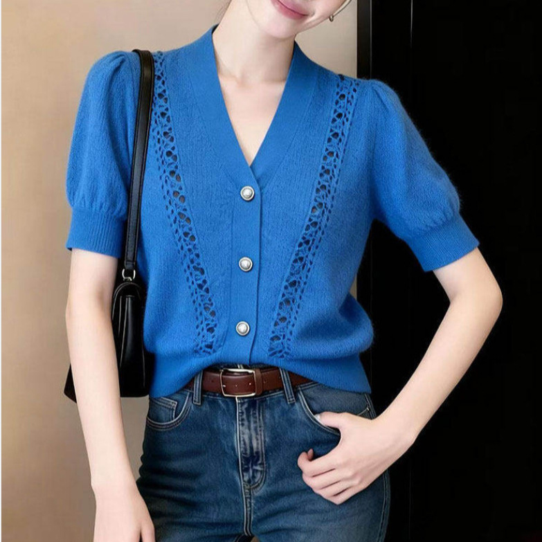 High-End Klein Blue Hollow-Out Design Knit Cardigan for Women, 2026 Summer New Niche Unique Exquisite Top High-End Klein Blue Hollow-Out Design Knit Cardigan for Women, 2026 Summer New Niche Unique Exquisite Top