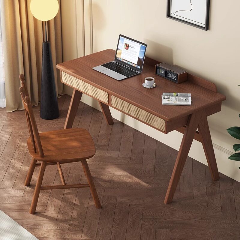 French vintage style solid wood desk, student study computer desk and chair, home use for small apartments, bedroom mid-century rattan table