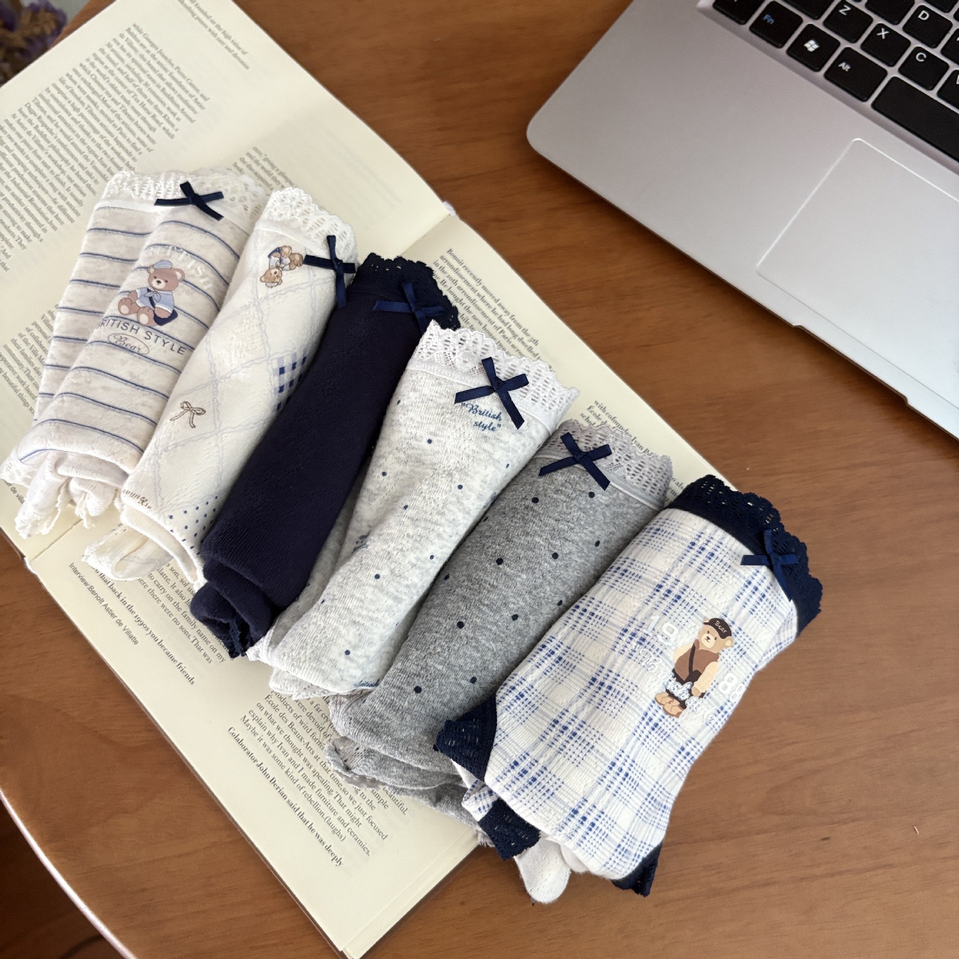 6187强推英伦复古学院风婴儿棉撞色蕾丝小熊少女纯棉中腰内裤透气