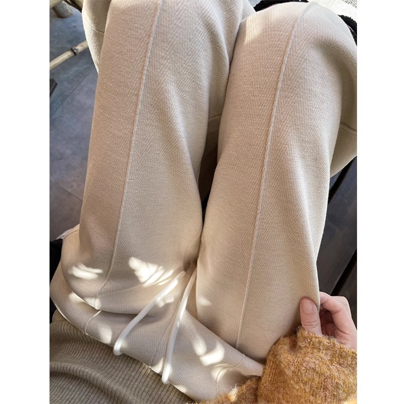 Pantalones de lana para mujeres otoño y invierno 2024 pantalones de cintura alta con estripes casuales, pantalones rectos de forma estrecha, pantalones de piernas anchas, trajes universales