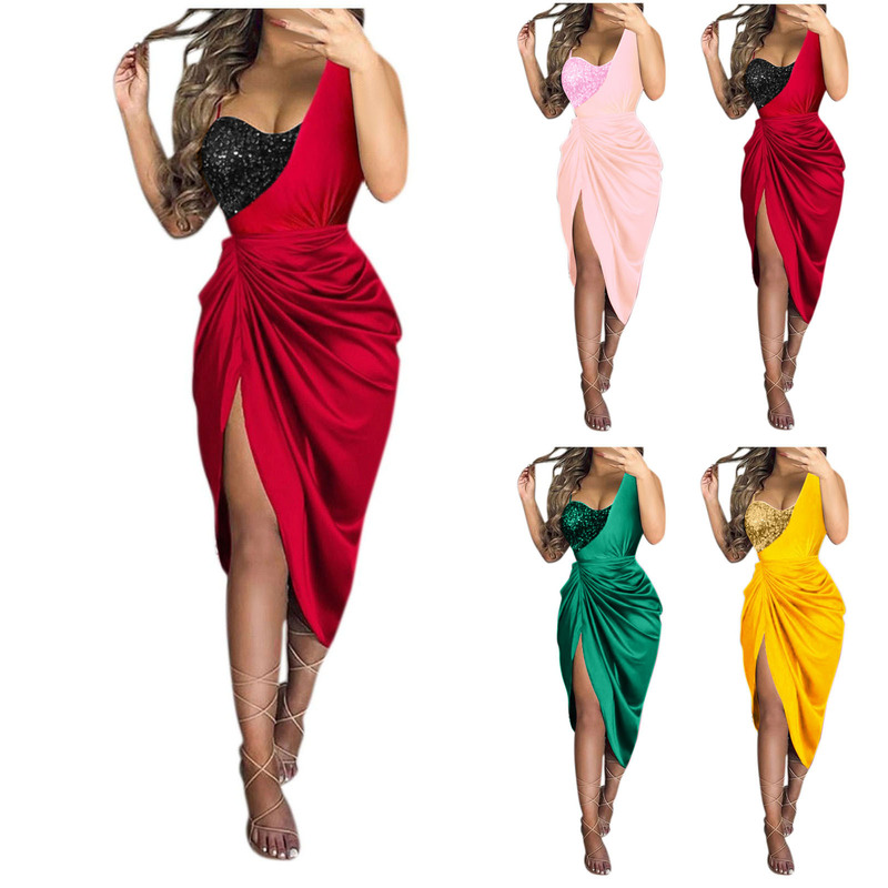 2026 European and American Cross-Border Amazon Wish Women's Solid Color Sexy Sequined Slit Ruched One-Shoulder Evening Dress