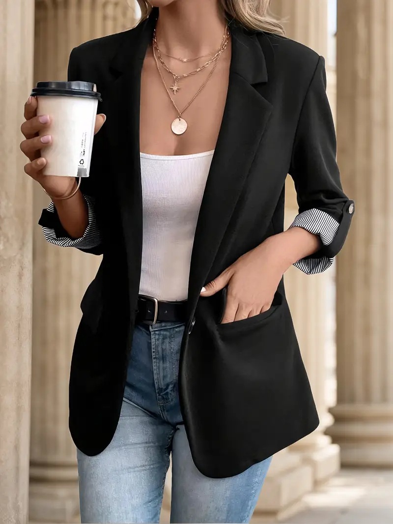 Women's Slim Fit Button Up Blazer With Rolled Sleeves Jacket_voghion.com