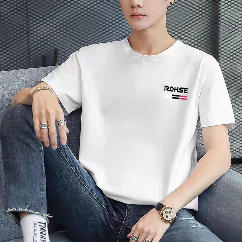 Camiseta de manga corta otoño de los Hombres Nuevo estilo coreano SLIM-Fit de moda impreso Delgado cuello redondo ins puesto de suministro