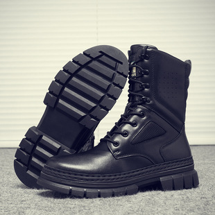 Genuine Leather Men's Leather Boots 2025 New Versatile Workwear Boots Combat Boots Heightening Motorcycle Boots High-Top Labor Protection Shoes