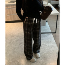 孕妇秋冬弹力针织毛呢直筒格子慵懒拖地长裤孕妇抽绳毛呢阔腿裤