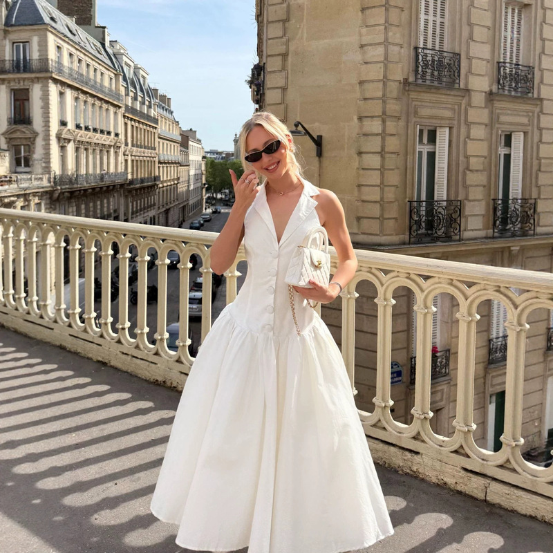 European and American Style Cross-Border French Commuter Sleeveless V-Neck Shirt Dress for Women, Single-Breasted, Waist-Cinching Tea Break Dress European and American Style Cross-Border French Commuter Sleeveless V-Neck Shirt Dress for Women, Single-Breasted, Waist-Cinching Tea Break Dress