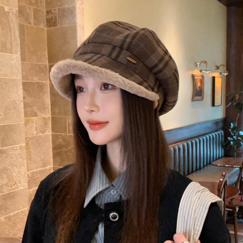 复古格子毛绒八角帽子女秋冬季文艺百搭保暖八角帽显脸小渔夫帽子|undefined