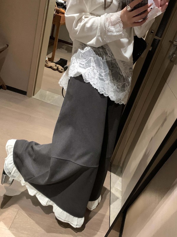 韩版减龄百搭宽松垂坠顺滑保暖高腰毛呢花边撞色过膝长裙伞裙女|undefined