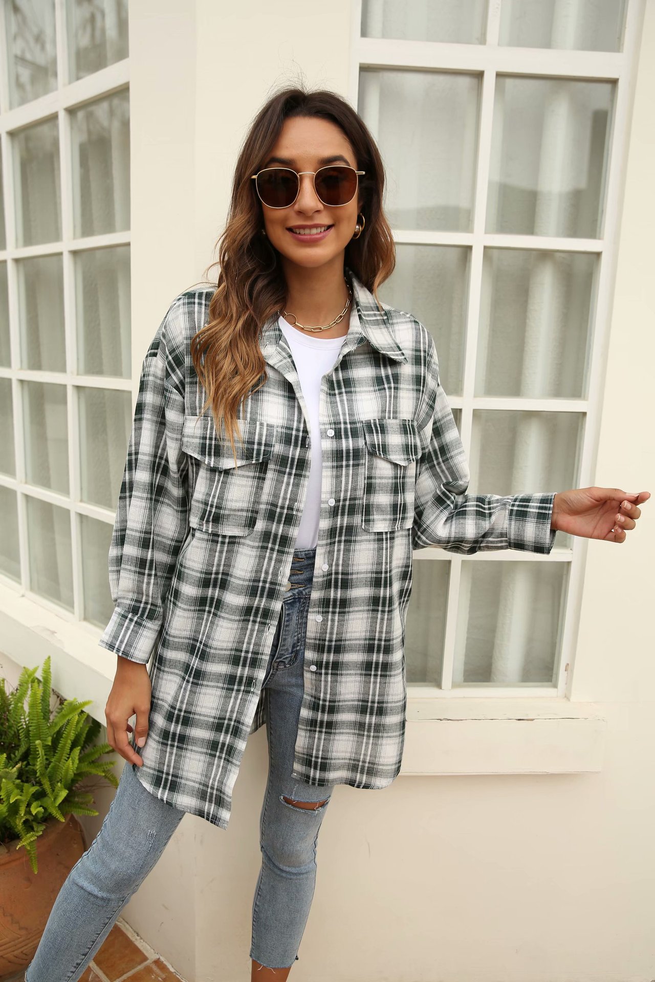 loose plaid lapel long-sleeved shirt NSAM42066