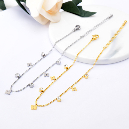Korean version of the new glossy flower zircon anklet 18k gold titanium steel jewelry non-fading beach girls anklet