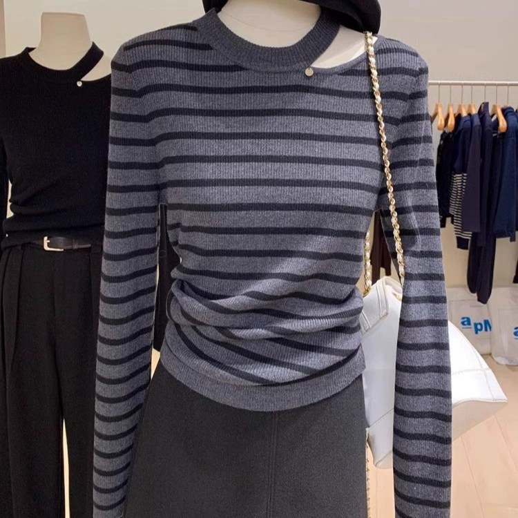 Корейская версия ленивого ветра серого полосатого свитера осень-зима новая свободная тонкая полая верхняя топа