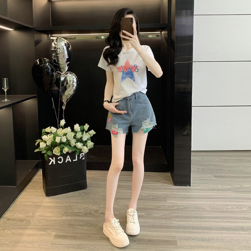 Travel Clothing for Women 2026 Summer New Style American Lettering Colorful Five-Pointed Star Print Short-Sleeved T-Shirt Denim Shorts
