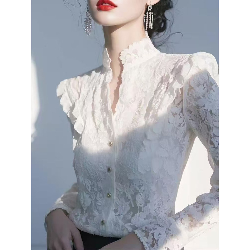 Spring New Style French Style Top, Light Luxury, High-End, Unique, Beautiful and Super Good-Looking White Lace Shirt