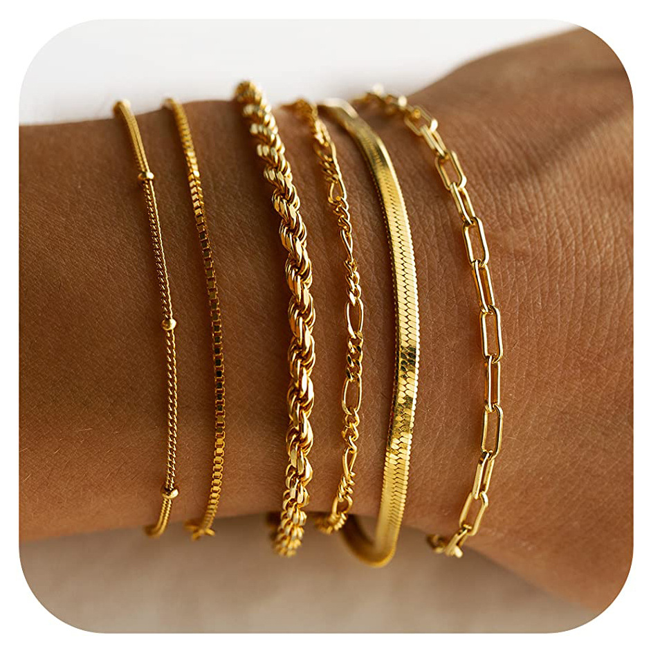 Amazon 14K Gold StacKable Set Bracelet Stainless Steel Cuban Chain Paper Clip Chain Women's Hand Jewelry