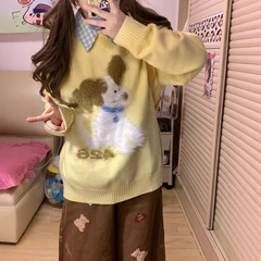 慵懒风小狗提花毛衣女2025秋冬新款休闲宽松套头打底针织衫上衣潮