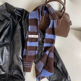 2024 Designer Same Color Stripe Stitching Contrast Color Fine Scarf Spring and Autumn Sausage Scarf Niche Knitted Wool