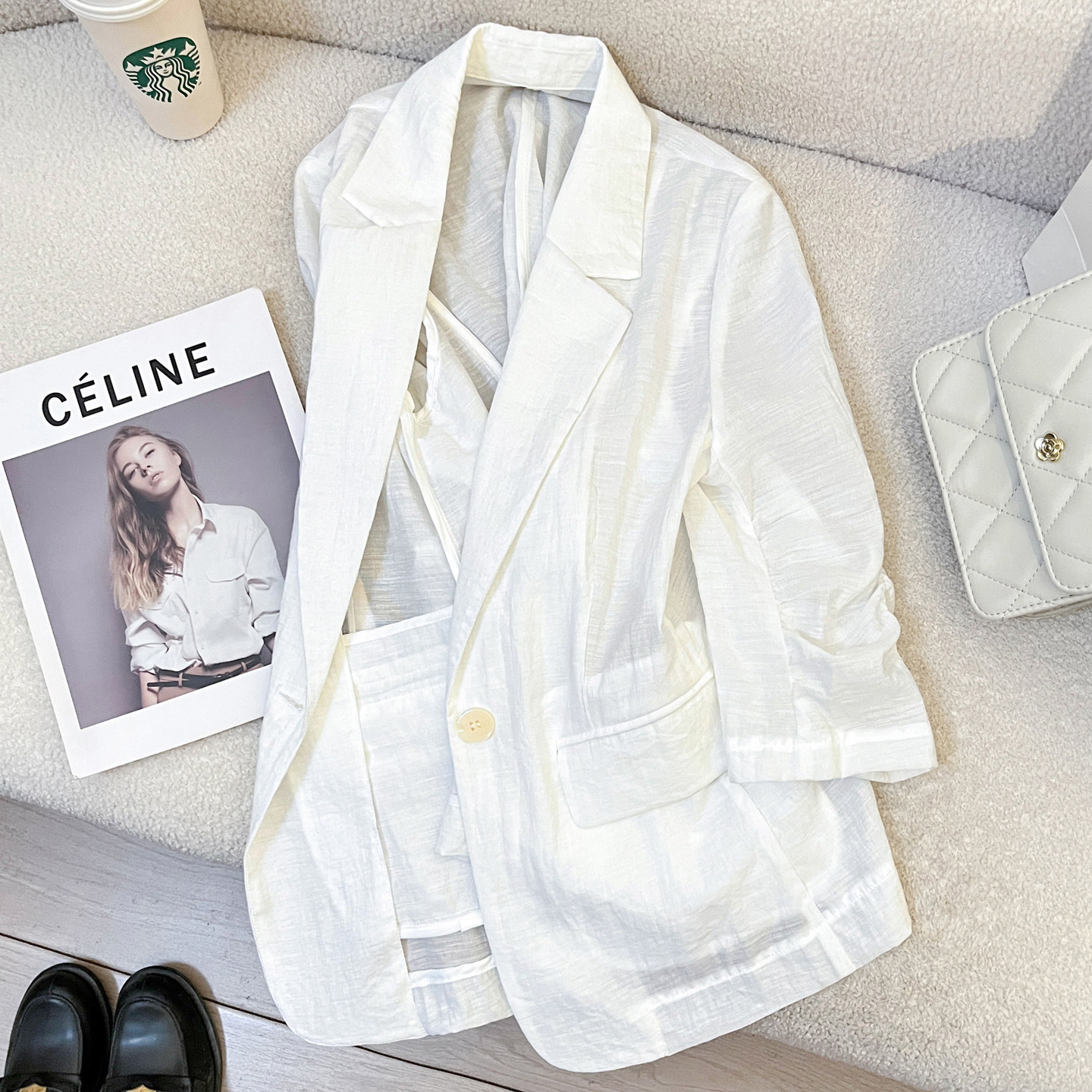 Women's white linen blazer, summer style, lightweight, 2026 new casual three-quarter sleeve professional commuting suit.