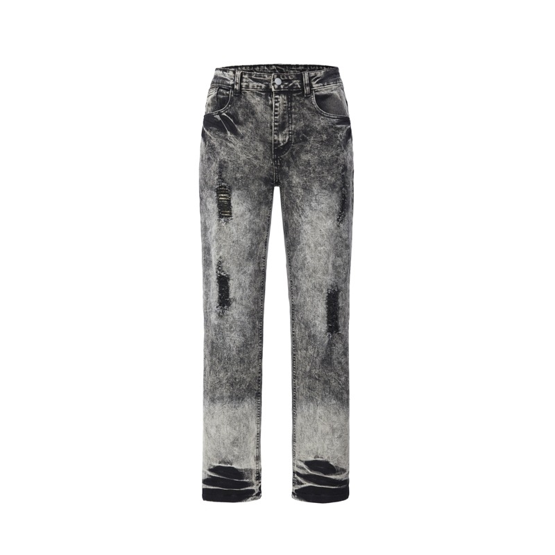 Men's High Street Snow Wash Jeans Gradient Faded Distressed Straight Leg American Denim_viptrois.com
