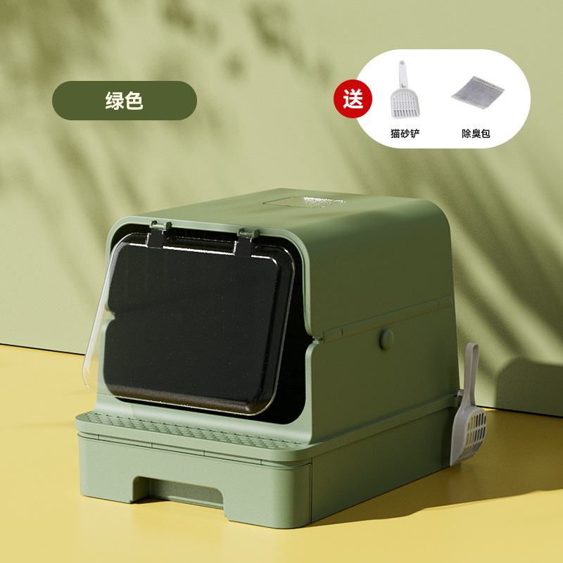 La caja de arena para gatos está completamente cerrada, tipo cajón de gran tamaño, a prueba de salpicaduras externas, cerca súper alta, inodoro para gatos gigante, lavabo de arena, desodorante