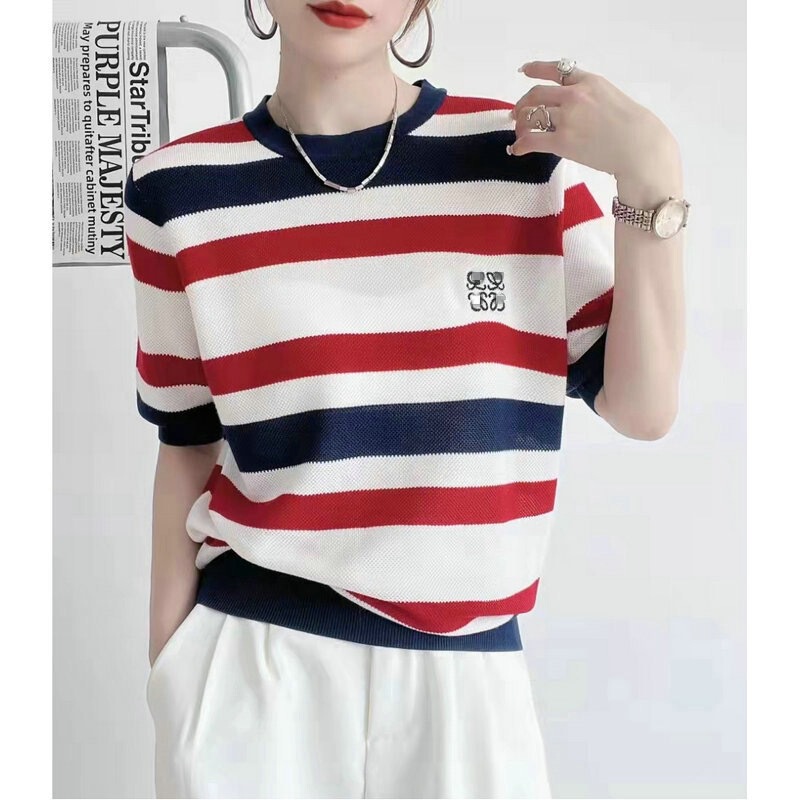 High-End European Goods 2025 Summer Short-Sleeved Silk Knitwear T-Shirt Stripesd Contrasting Color Commuter Pullover Fashionable Age-Reducing Top