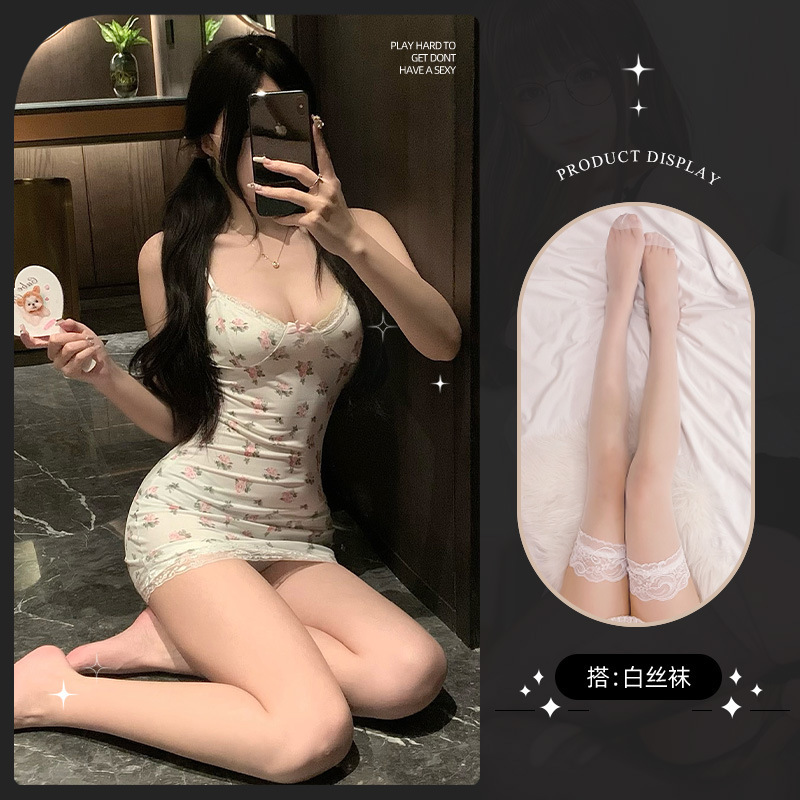 작은 꽃무늬 [가슴 패드 없음] + 흰색 스타킹
