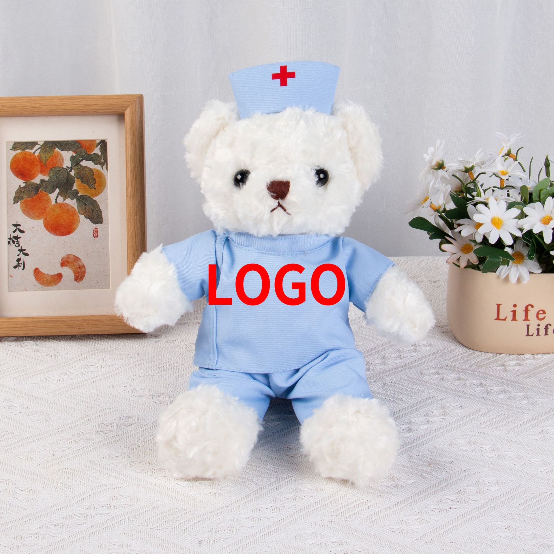 Graduado médico oso muñeca chaqueta blanca uniformes de enfermería muñeca oso regalos de actividad logotipo imprimible juguetes de peluche