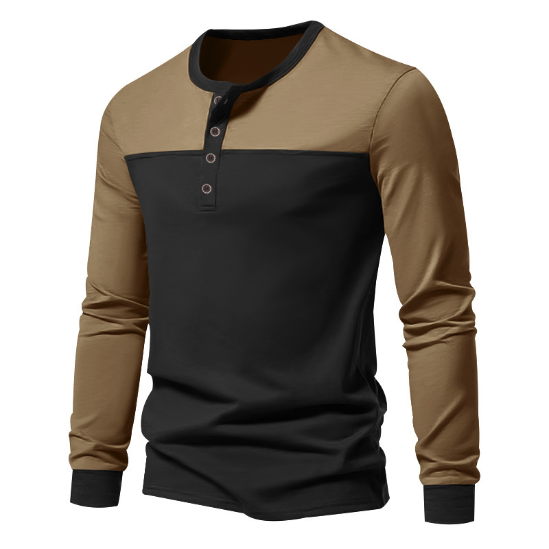 Monochrome Man- 2024 Autumn New European Size American Retro Color Block Henry Collar Base Shirt Men's Long Sleeve T-Shirt_viptrois.com