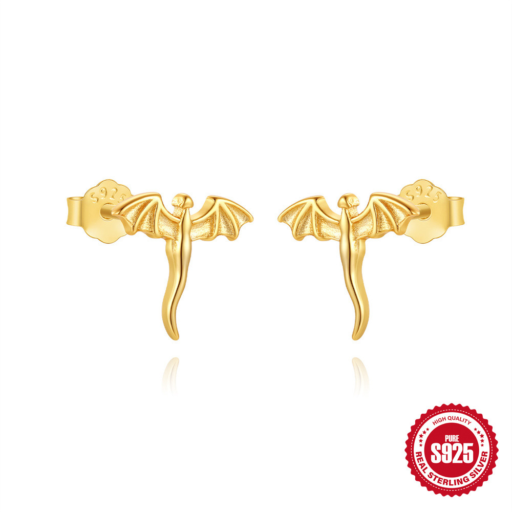 Pendientes de murciélago retro con personalidad de Halloween de plata de ley s925, alas simples, uñas de hueso de oreja, pendientes góticas