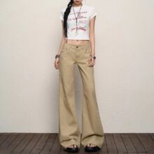 美式卡其牛仔裤女2025夏新款低腰辣妹复古拖地不贴腿显瘦微喇叭裤