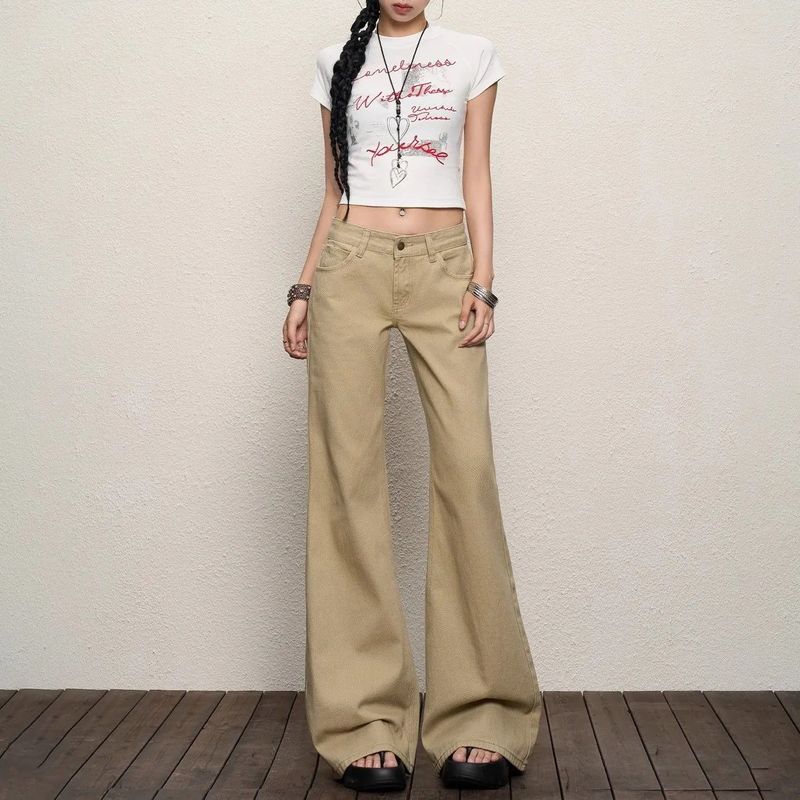 美式卡其牛仔裤女2025夏新款低腰辣妹复古拖地不贴腿显瘦微喇叭裤|undefined
