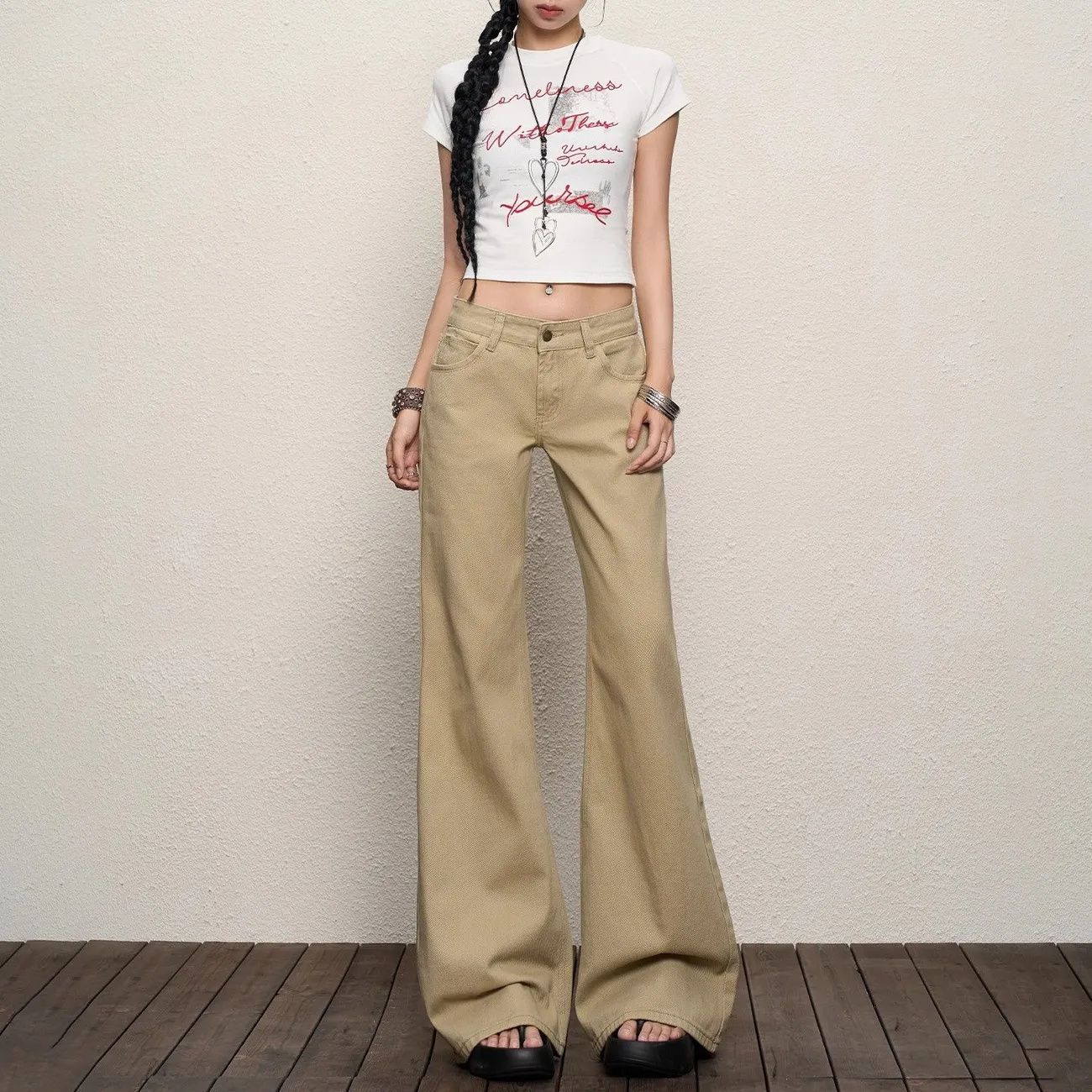 美式卡其牛仔裤女2025夏新款低腰辣妹复古拖地不贴腿显瘦微喇叭裤