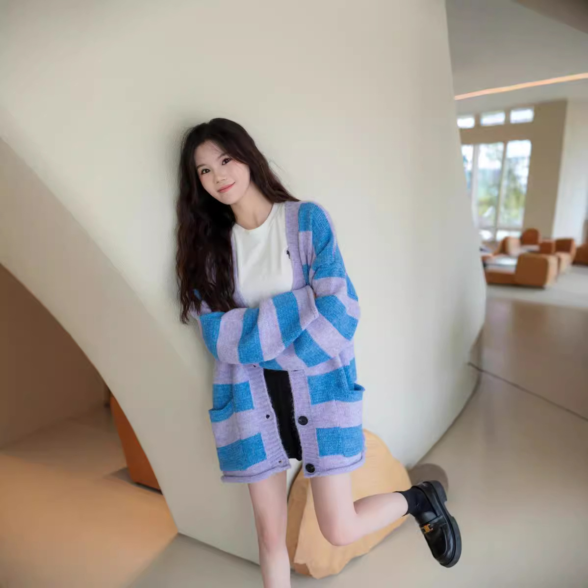 24 invierno Puyuan relajado ocio gradiente de color contrastante rayas suaves glutinosas suéter suelto Cardigan mujeres
