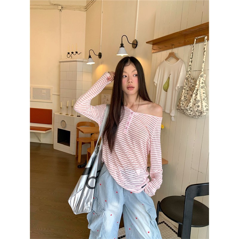 原版面料美式慵懒高级感条纹长袖气质上衣女夏休闲显瘦薄款打底衫|undefined